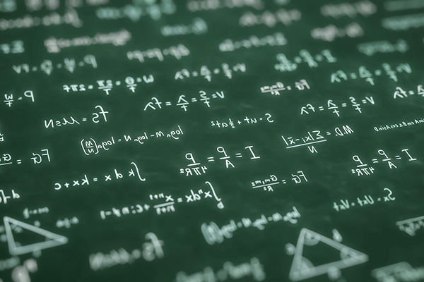 A dark green background with many various math equations written in white ink. Some of the equations are blurred in the photo. 