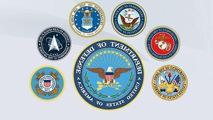 A display of seven U.S. military patches. 