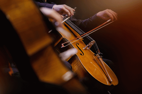 A pair of white hands plays a cello against a dark, softly lit background. Blurred in the foreground, suggesting motion, another pair of hands plays a cello that is much closer in the frame.