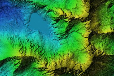 Digital elevation modelmade after proccesing aerial pictures taken from a drone. It shows high rocky and steep mountain peaks. At their feet are visible valleys and mountain lakes.