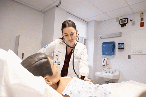 Female student in a white lab coat uses a stethoscope to check vitals on a human simulation dummy in a hospital bed in a white lab setting. 